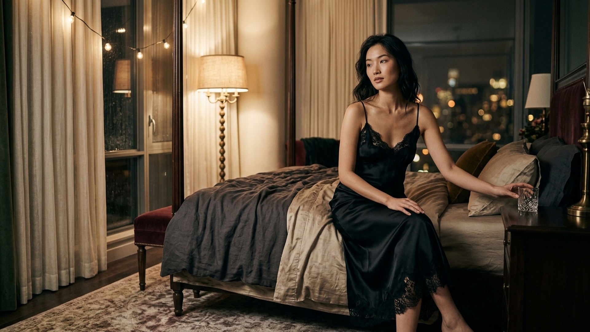 Váy ngủ lụa satin đen phối ren gợi cảm
